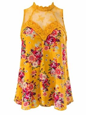 Sunshine Lace Floral Halter Tank – Mustard Boho Chic (Size M)